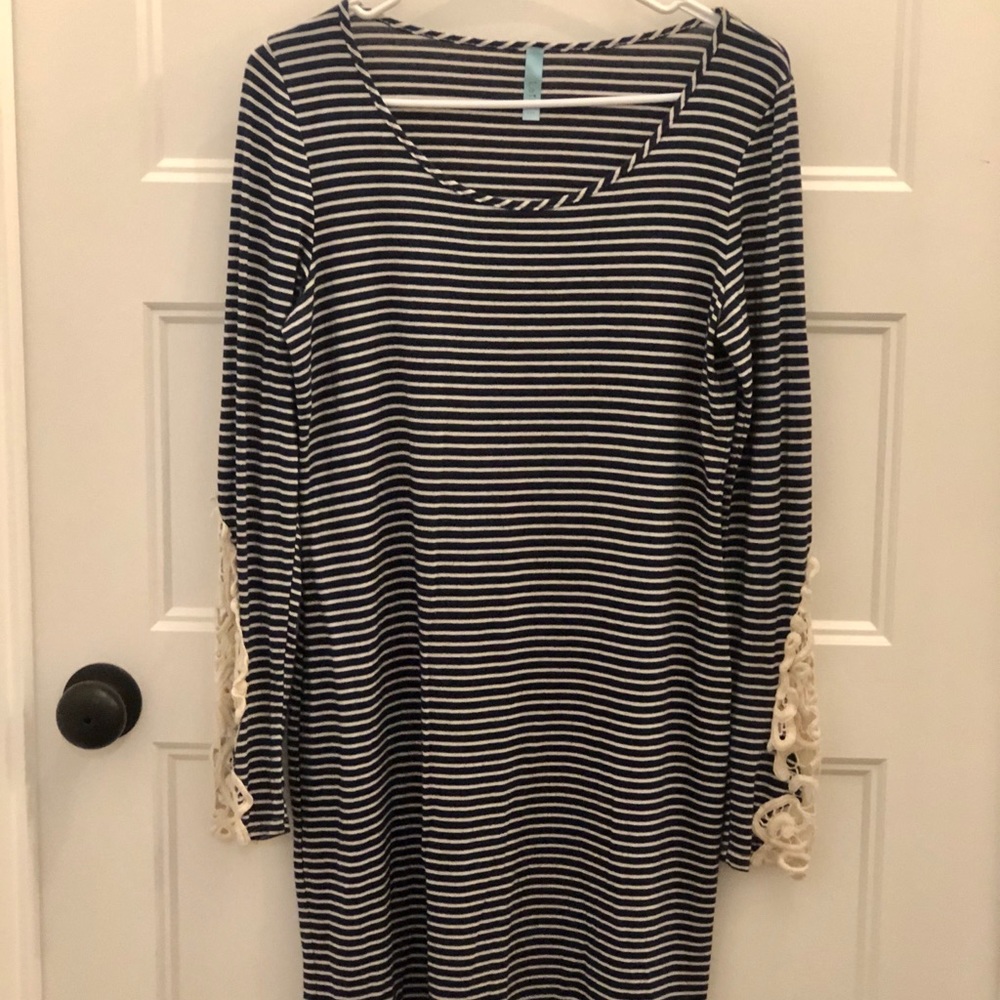 Off White and Navy Striped Form Fitting Dress
